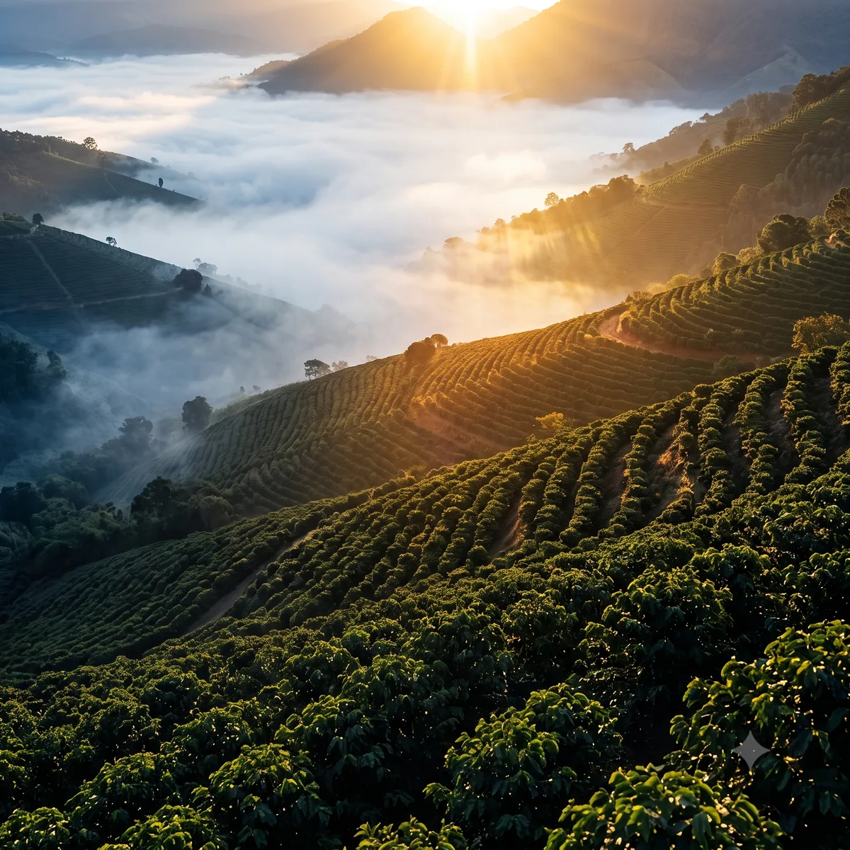 Paisagem de altitude ao amanhecer, com neblina e luz solar rasante sobre as lavouras